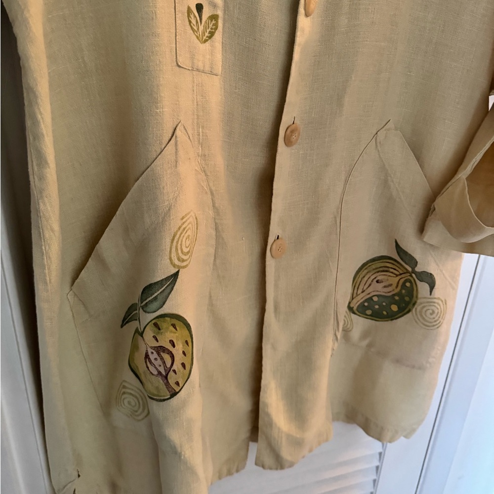Blue Fish Hemp Linen Duster Jacket Dress Button Down Hand Paint Apples 1999 - Picture 4 of 16